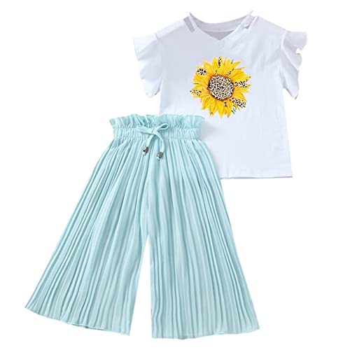 2024 AI Kleinkind Kinder Kleidung Sets Sommer Sonnenblume T Shirt Tops Chiffon Geraffte Lose Hosen Outfits Kinderkleidung Kinderkleidung 2 Jahre Junge (Mint Green, 6 Years) von Generic