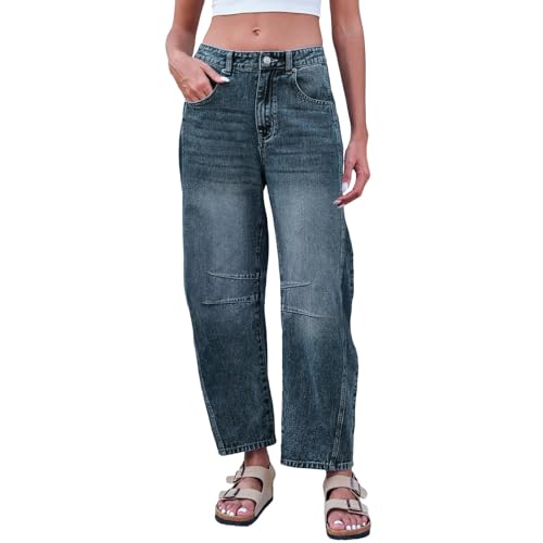 2024 AI - Mittelhohe Barrel-Jeans für Damen, weites Bein, mittlere Taille, verkürzte Jeanshose, Baggy-Boyfriend-Jeans mit Taschen Cargohose Jungen (Blue, XXL) von Generic