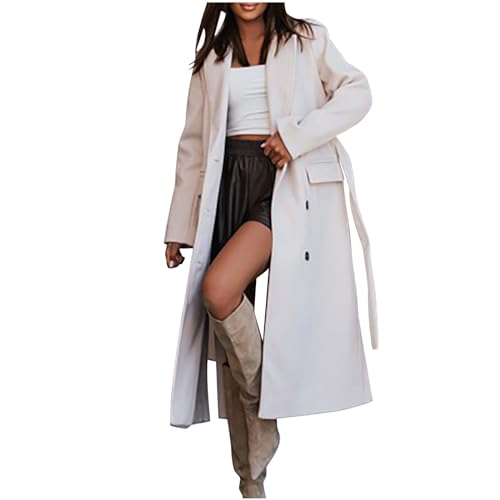 2024 AngeboteDamen Trenchcoat Zweireiher Langer Mantel Winddichter Jacke Cardigan Wintermantel Einfarbig Revers Damenmantel Windjacke Übergangsmantel mit Taschen mit Knöpfen von Generic