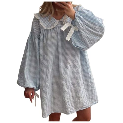 2024 Damen 3/4 Puffärmel Kariertes Minikleid Revers Puppenkragen lockeres Kleid Kleid Damen Langarm Elegant (Blue, S) von Generic