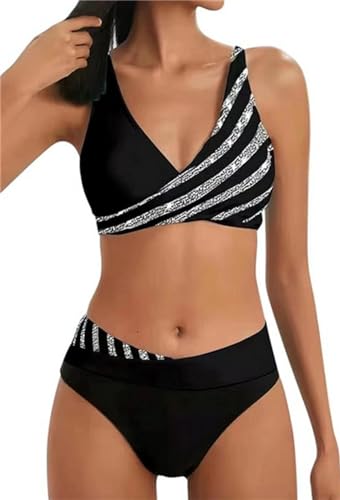 2024 Damen Bikini Set Zweiteiliger Badeanzug V Ausschnitt überkreuztes Bikini Bademode Bauchkontrolle High Waist Bikini Sets Swimsuit Push Up Strandbikini Triangel Breites Swimsuit von Generic