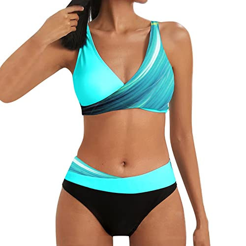 2024 Damen Bikini Set Zweiteiliger Badeanzug V Ausschnitt überkreuztes Bikini Bademode Bauchkontrolle High Waist Bikini Sets Swimsuit Push Up Strandbikini Triangel Breites Swimsuit von Generic