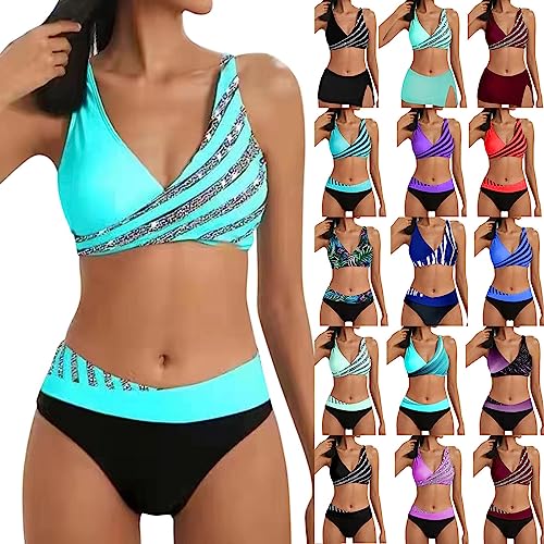 2024 Damen Bikini Set Zweiteiliger Badeanzug V Ausschnitt überkreuztes Bikini Bademode Bauchkontrolle High Waist Bikini Sets Swimsuit Push Up Strandbikini Triangel Breites Swimsuit von Generic