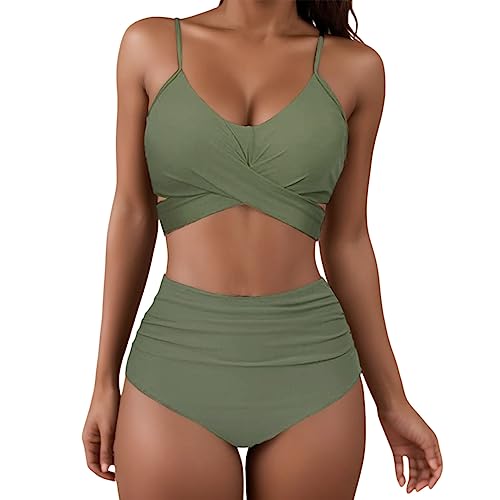 2024 - Damen Bikini Set Zweiteiliger Badeanzug V Ausschnitt überkreuztes Bikini Bademode Bauchkontrolle High Waist Bikini Sets Swimsuit Push Up Strandbikini Verstellbare Lace Up Badeanzug Swimsuit von Generic