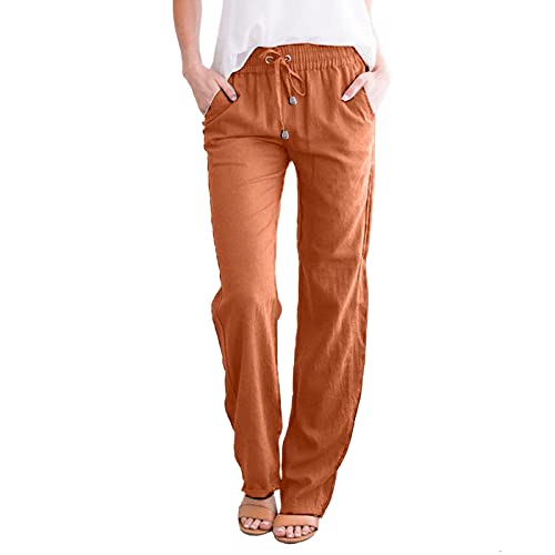 2024 Damen Hose Leinenhose Baumwolle Leinen Stoffhose Freizeithose Sommerhose Pumphose Yogahose Casual Einfarbig Hippie High Waist Hose Stretch mit Taschen von Generic