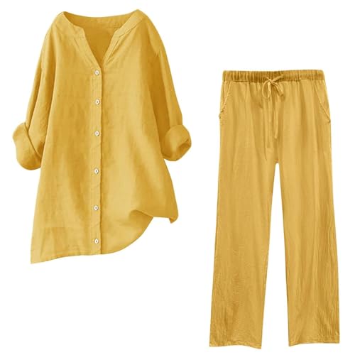 2024 Damen-Set, schick und elegant, modisch, große Größe, 2-teilig, einfarbig, Hemd mit langen Ärmeln + Hose, lässig, Strandkleidung, Größen S bis 5XL, günstiges Set, gelb, 54 2024 Damen-Set, schick und elegant, modisch, große Größe, 2-teilig, einfarbig, Hemd mit langen Ärmeln + Hose, lässig, Strandkleidung, Größen S bis 5XL, günstiges Set, gelb, 54 von Generic