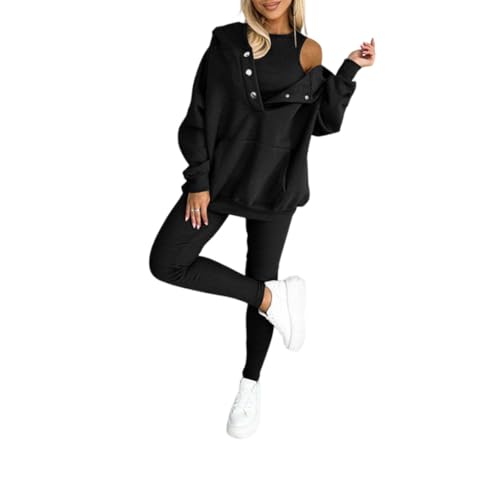 2024 Damen Sport Casual Hoodie + Slim Weste + Hose 3-teiliges Set, lässiges bequemes Sweatshirt-Set mit Kapuze (Black,XL) von Generic