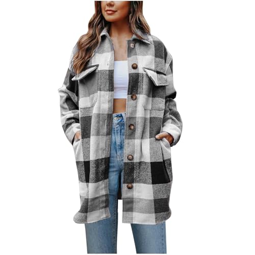 2024 Herbstkleidung Karierte Lange Jacken Für Frauen Langarm Button Down Casual Hemdjacken Mit Taschen Mode Lockere Passform Leichte Windjacke Trachtenjacken & -Strickjacken von Generic