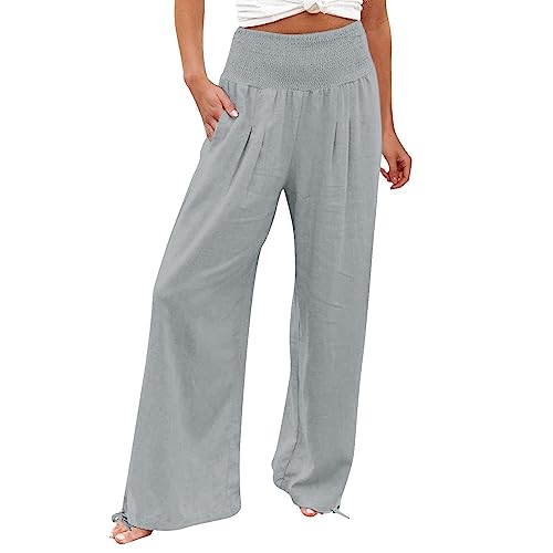 2024 Leinenhose Damen Sommer,Hohe Taille Einfarbig Leinen Freizeithose,Leinenhose Baumwolle Gerades Bein Bequeme Stoffhose Leicht,Straight Leg Und Taschen Elegante Frauen Lässige von Generic