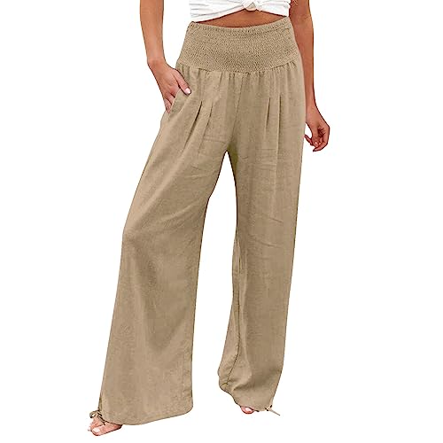 2024 Leinenhose Damen Sommer,Hohe Taille Einfarbig Leinen Freizeithose,Leinenhose Baumwolle Gerades Bein Bequeme Stoffhose Leicht,Straight Leg Und Taschen Elegante Frauen Lässige von Generic