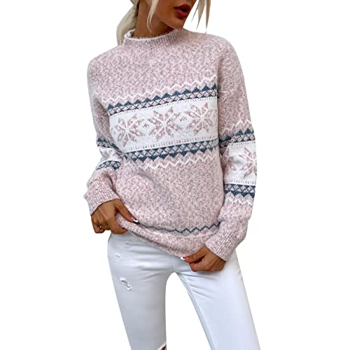 2024 Neu Weihnachten Damen Weihnachtsschneeflocke Pullover Rollkragen Vintage Holiday Strickpullover Pullover Sweater Damen (Pink, L) von Generic