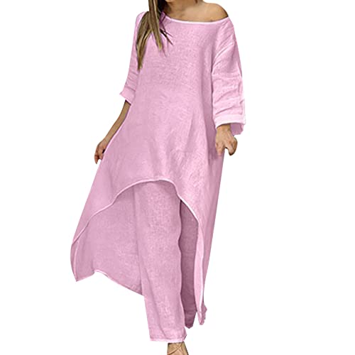 2024 New Damen-Baumwollmode, lässig, groß, unregelmäßig, langärmelig, weites Bein, Zweiteiliger Anzug Hausanzug Einteiler (Purple, S) von Generic