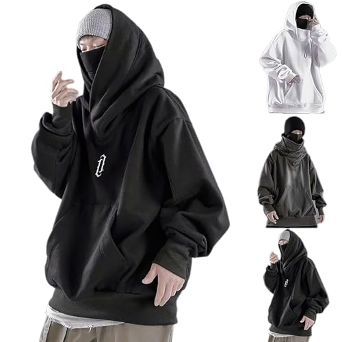 2024 Ninja Hoodie Herren, Pullover Herren Rollkragen Hip Hop Pulli Kapuzenpullover Y2K Harajuku Hoodies Gothic Schalkragen Sweatshirt Mit Kapuze Oversize Rollkragenpullover (001 Schwarz, M) von Generic