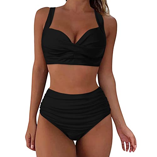 2024 Schwarz Damen Bikini Set Zweiteiliger Badeanzug Bauchweg V Ausschnitt überkreuztes Bikini Bademode Bauchkontrolle High Waist Bikini Sets Swimsuit Push Up Modisches Badeanzug-Bikini-Kombi-Set von Generic