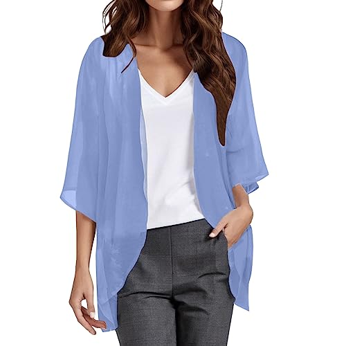 2024 - Solide, Elegante Damen-Strickjacke aus Chiffon mit Puffärmeln, lockere, lässige Blusen-Tops Dünne Sommerhose Damen (Blue, XXL) von Generic