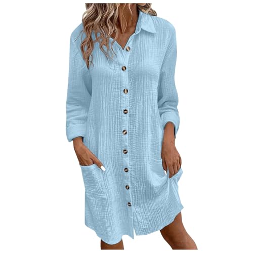 2024 Sommerkleider Mit Button-Down-äRmeln, LäSsiges Midi-Hemdkleid Mit Taschen, LangäRmliges Hemdkleid Mit Reverskragen Und Button-Down-äRmeln (blau,3XL) von Generic