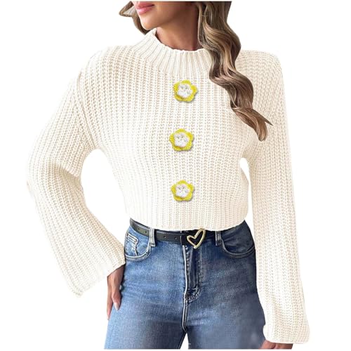 2024 Winter Thermo Strickpullover Für Damen Langarm Elegance Pulli Einfarbig Stilvoller Feinstrickpullover Frauen Lockere Passform Langarmshirt 90Er Jahre Outfit Weißes Sweatshirt von Generic