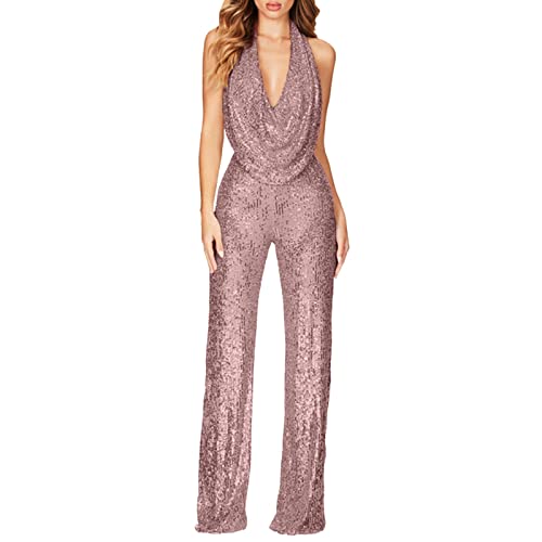 2024 neue O Sommer Neue Europäische Und Amerikanische Jumpsuit Dame Ärmellose Hals Pailletten Hosen Frauen Damen Kurze Strampler Jumpsuits, gold, 42 von Generic