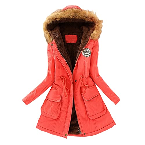 2024 neue O frauen Warm Verdickt Mantel Warm Trendy Winter Fleece Mode Gefüttert Mit Kapuze Schnee Mantel Jacke Outwear Frauen Verdicken Fleece Wintermantel, wassermelone, 38 von Generic