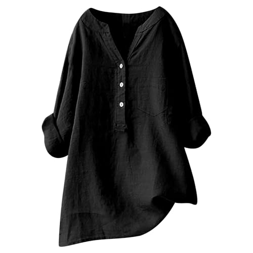 2025 Damen Leinenhemden Button Down Ärmel Baumwolle Sommer Loose Casual Frühling Chiffon Plus Size Langarm Stehkragen Knitterchiffon Gr, Schwarz , 52 von Generic