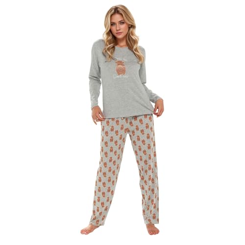 2025 Damen Pyjama mit Highland Kuh Print - Grau Meliert Baumwollmischung - Langarm Oberteil und Hose - Bequemes Freizeitgeschenk von Generic