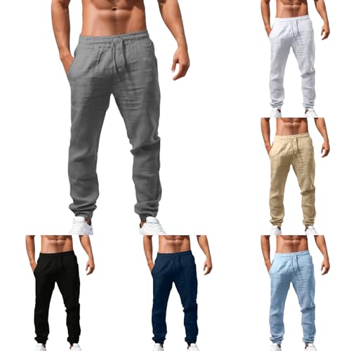 2025 Herren Leinenhose Einfarbiges Lang Leicht Sommerhose Loose Fit Freizeithose mit Kordelzug für Urlaub Strand Alltag von Generic