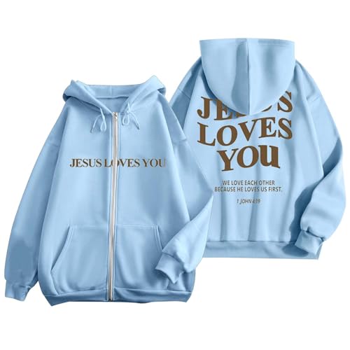 2025 Jesus Loves You Zipper Hoodie Damen Oversize Sweatshirt Jacke Mit Kapuze Langarm Sweatjacke Damen Y2K Jacke Christian Jesus Drucken Fashion Kapuzenjacke Vintage 90er E-Girl Tops S-XXXL von Generic