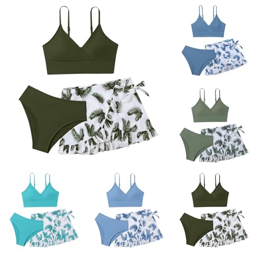 2025 Neu Mädchen Bikini Set 3er Sommer Badeanzüge Kinder Dreiteilig Tankini mit Rock Blumendruck Bademode Bikinis für Mädchen 8-18 Jahre von Generic