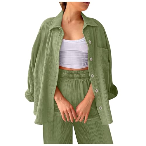 2025 Sommer Zweiteiler Damen Elegant Musselin Bluse Und Shorts, Aesthetic Lounge Set Baumwolle Sportanzug Oversize Freizeitanzug Langarm Hausanzug Y2K Clothes,Grün,L von Generic