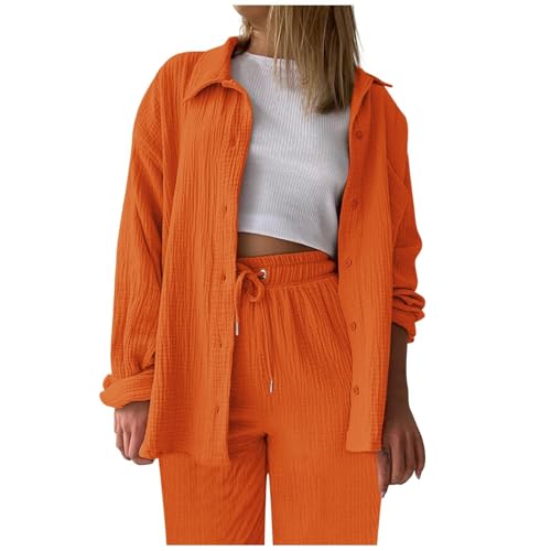 2025 Sommer Zweiteiler Damen Elegant Musselin Bluse Und Shorts, Aesthetic Lounge Set Baumwolle Sportanzug Oversize Freizeitanzug Langarm Hausanzug Y2K Clothes,Orange,XXL von Generic