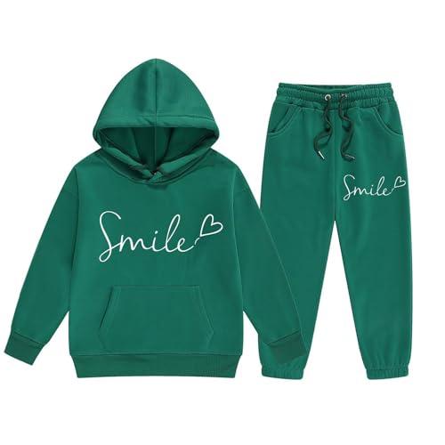 2025 Trainingsanzug Kinder Jungen Buchstaben Bedruckt Jogginganzug Hoodie + Jogginghose 2 Teiler Outfit Mädchen Sportanzug Kapuzenpullover mit Hose Bekleidungssets für 2-13 Jahre (Green, 4-5 Years) von Generic