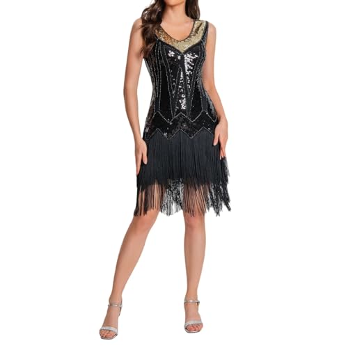 20er Jahre Kleid Damen Gatsby 1920er Kleider Damen Gold Grün Fransenkleid Damen Tanzen Flapper Dress Kurz Charleston Kostüm Paillettenkleid Fasching Karneval Fransen von Generic