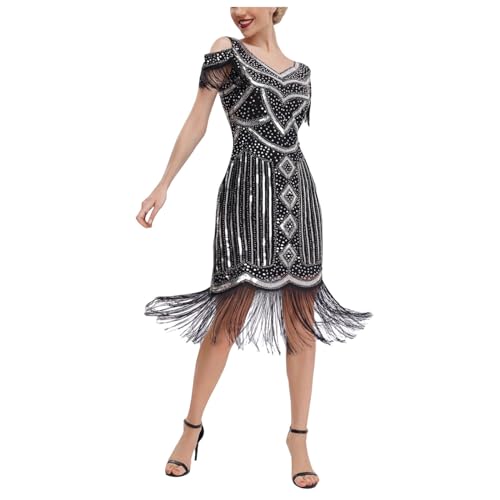20er Jahre Kleid Damen Gatsby 1920er Kleider Damen Schwarz Silber Fransenkleid Damen Tanzen Flapper Dress Kurz Charleston Kostüm Schulterfrei Paillettenkleid Fasching Karneval Fransen von Generic
