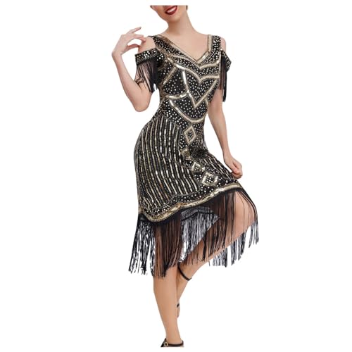 20er Jahre Kleid Damen Gatsby 1920er Kleider Damen Schwarz Silber Fransenkleid Damen Tanzen Flapper Dress Kurz Charleston Kostüm Schulterfrei Paillettenkleid Fasching Karneval Fransen von Generic