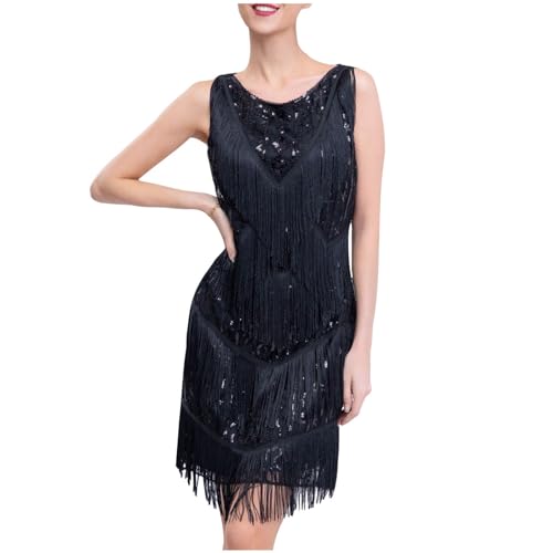 20er Jahre Kleid Damen Gatsby 1920er Kleider Fransenkleid Gold Schwarz Flapper Dress Kurz Charleston Kostüm Paillettenkleid Fasching Fransen Karneval von Generic