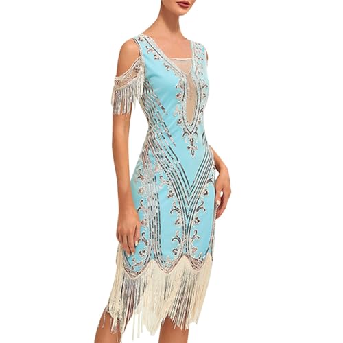 20er Jahre Kleid Damen Gatsby 1920er Kleider Fransenkleid Gold Schwarz Flapper Dress Kurz Charleston Kostüm Schulterfrei Paillettenkleid Karneval Fasching Fransen von Generic
