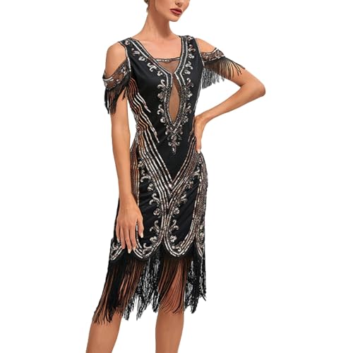 20er Jahre Kleid Damen Gatsby 1920er Kleider Fransenkleid Gold Schwarz Flapper Dress Kurz Charleston Kostüm Schulterfrei Paillettenkleid Karneval Fasching Fransen von Generic