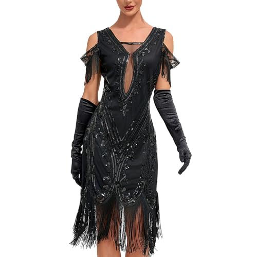 20er Jahre Kleid Damen Gatsby 1920er Kleider Fransenkleid Gold Schwarz Flapper Dress Kurz Charleston Kostüm Schulterfrei Paillettenkleid Karneval Fasching Fransen von Generic
