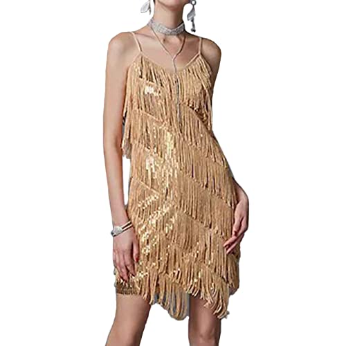 20er Jahre Kleid Damen Gatsby 1920er Kleider Fransenkleid Gold Schwarz Flapper Dress Kurz Charleston Kostüm Trägerkleid Fasching Karneval Fransen von Generic