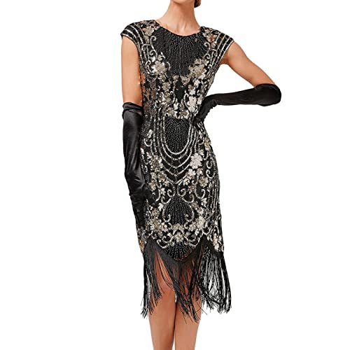 20er Jahre Kleid Damen Gatsby 1920er Kleider Fransenkleid Grün Gold Flapper Dress Kurz Charleston Kostüm Paillettenkleid Fransen Karneval Fasching von Generic