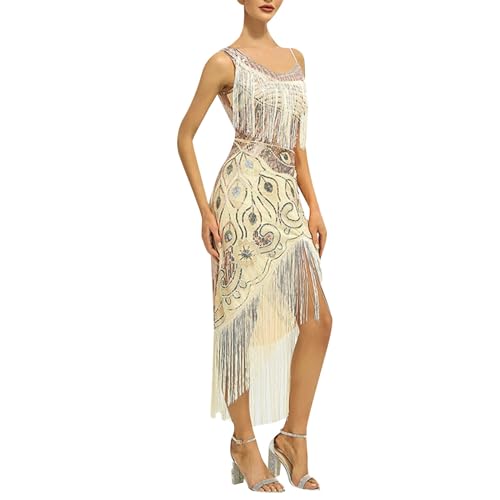 20er Jahre Kleid Damen Gatsby 1920er Kleider Fransenkleid Grün Gold Flapper Dress Kurz Charleston Kostüm Trägerkleid Paillettenkleid Karneval Fransen Fasching von Generic