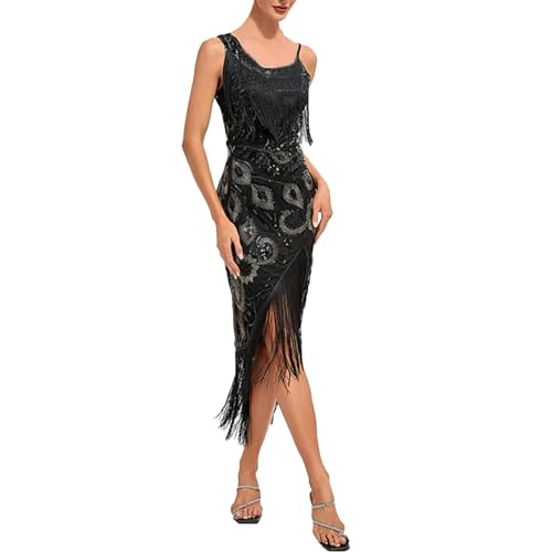 20er Jahre Kleid Damen Gatsby 1920er Kleider Fransenkleid Grün Gold Flapper Dress Kurz Charleston Kostüm Trägerkleid Paillettenkleid Karneval Fransen Fasching von Generic