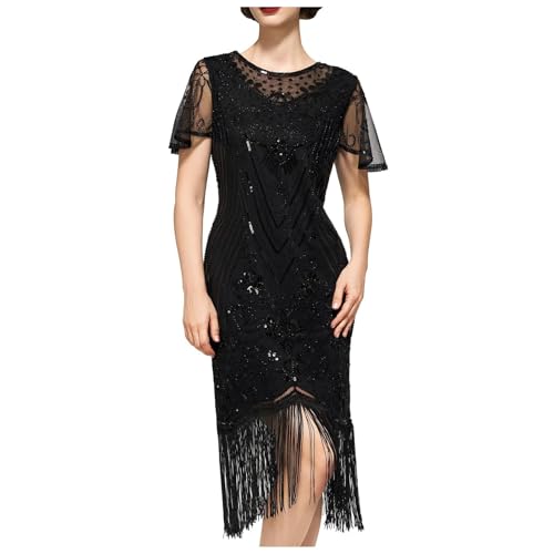 20er Jahre Kleid Damen Gatsby 1920er Kleider Fransenkleid Grün Schwarz Flapper Dress Kurz Charleston Kostüm Paillettenkleid Mesh Fasching Karneval Fransen von Generic