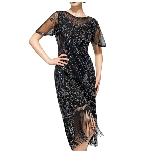 20er Jahre Kleid Damen Gatsby 1920er Kleider Fransenkleid Grün Schwarz Flapper Dress Kurz Charleston Kostüm Paillettenkleid Mesh Fasching Karneval Fransen von Generic