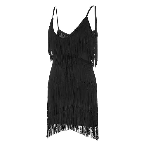 20er Jahre Kleid Damen Gatsby 1920er Kleider Fransenkleid Schwarz rot Flapper Dress Kurz Charleston Kostüm Trägerkleid V Ausschnitt Karneval Fasching Fransen von Generic