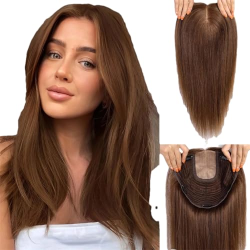 23 X 23 Cm Große Haarteile Aus Dunkelbraunem Echthaar Mit Großer Basis, 40 Cm Lange Topper Für Frauen Mit Mehreren Rutschfesten Clips von Generic