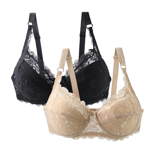2Er Pack BH Damen Mit Bügel Push Up Bra Spitzen BHS Starker Halt Große Brüste Bralette Klassische BH Set Weich Bequemer Schlaf Unterwäsche Mit Verstellbarem Dessous Für Alltag von Generic