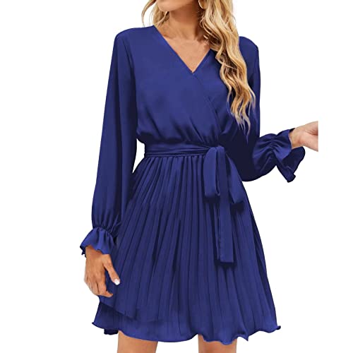 2er Jahre Kleid Mittelalter 5er Sommer Einfarbig Lange Ärmel Gefaltet V-Ausschnitt Midikleid mit Gürtel Damenkleider festlich(XXL, Blau) von Generic