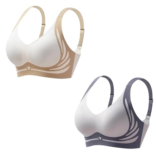 2er Pack BHS Damen Ohne Bügel 𝗣ush Up Super Gather BH Wireless Seamless Sport Bügelloser Stütz BH Lifting Anti-Sagging Wireless Adjustable Keine Schlaffen Brüste Comfit BHS Nahtlos (Beige, L) von Generic