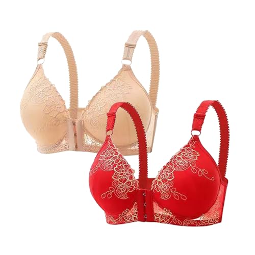 2er Pack Damen BH mit Vorderverschluss Ohne Bügel Baumwolle Bustier Große Brüste Starker Halt Sport-BHS Push Up Damen-BHS Still BHS Unterwäsche Bra Warehouse Deals Angebote Beige+Rot XL von Generic